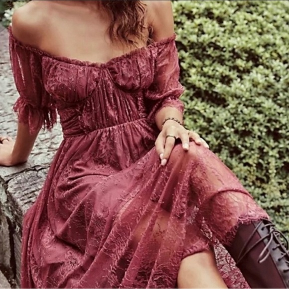 Free People beautiful pink lace corset maxi romantic peasant princess gown dress - Picture 2 of 14